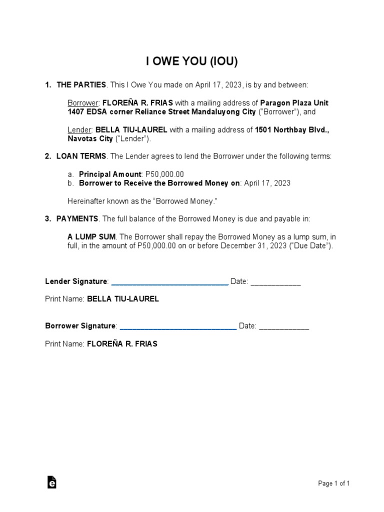 IOU Agreement between Borrower and Lender | PDF