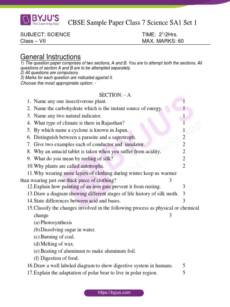 Class 7 Science SA1 Sample Paper 2024 | PDF | Rain | Digestion