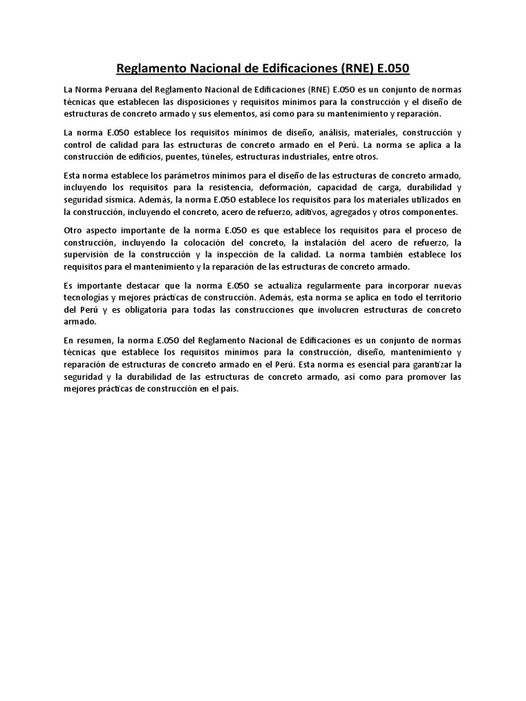 Reglamento Nacional de Edificaciones (RNE) E.050 | PDF