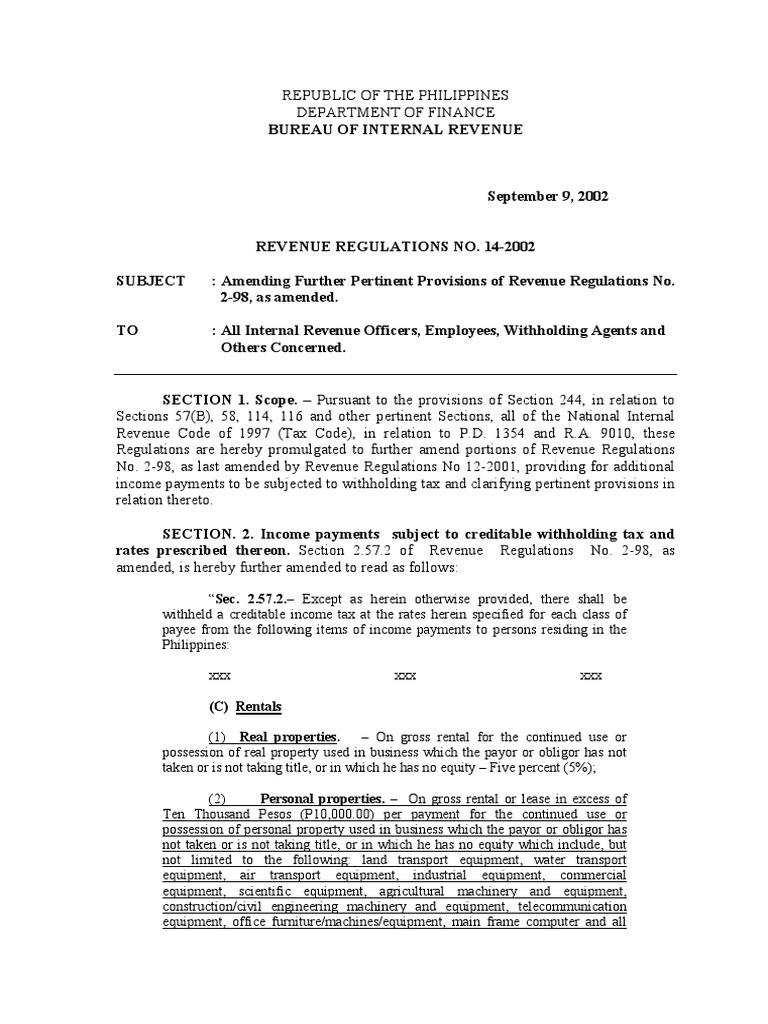 RR 14-2002 (PEZA Exempt From EWT) | PDF | Withholding Tax | Value Added Tax