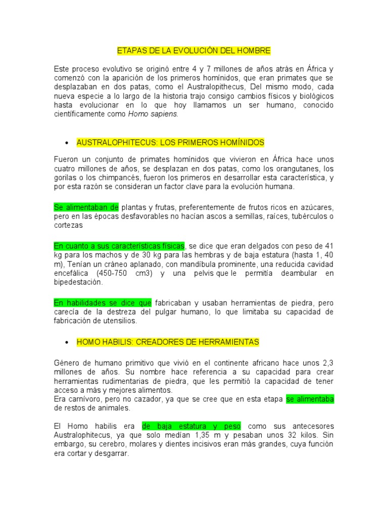 Etapas de La Evolución Del Hombre | PDF | Evolución humana | Homo Sapiens