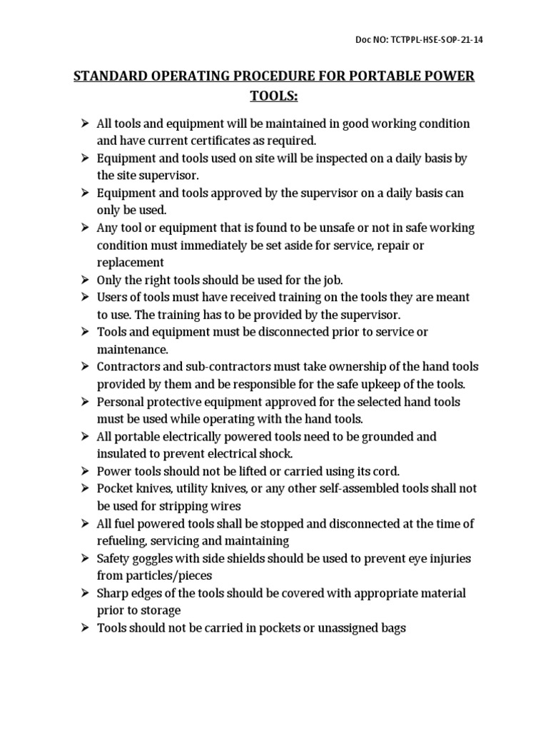 SOP for Safe Use of Power Tools | PDF