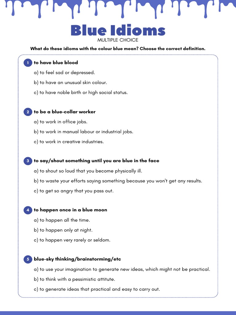 Blue Idioms Multiple Choice Worksheet Pdf Language Arts