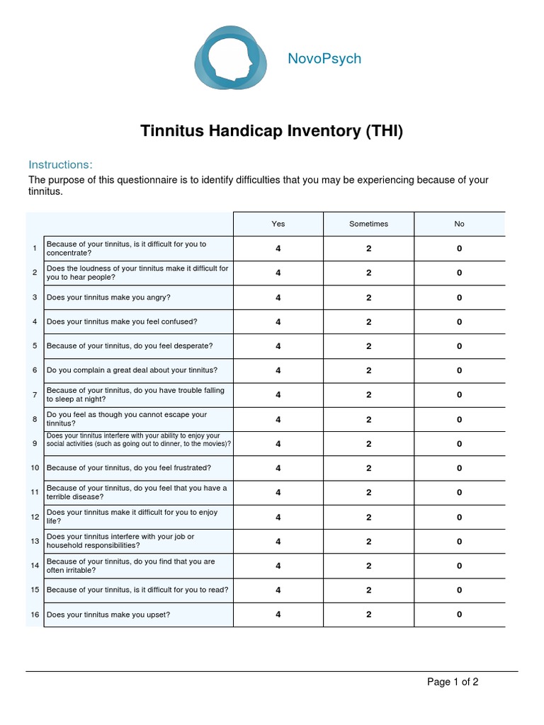 Tinnitus Handicap Inventory Questionnaire | PDF | Tinnitus | Neuroscience