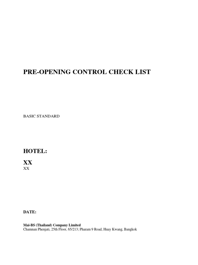 Hotel Pre-Opening Control Checklist | PDF | Menu | Employment