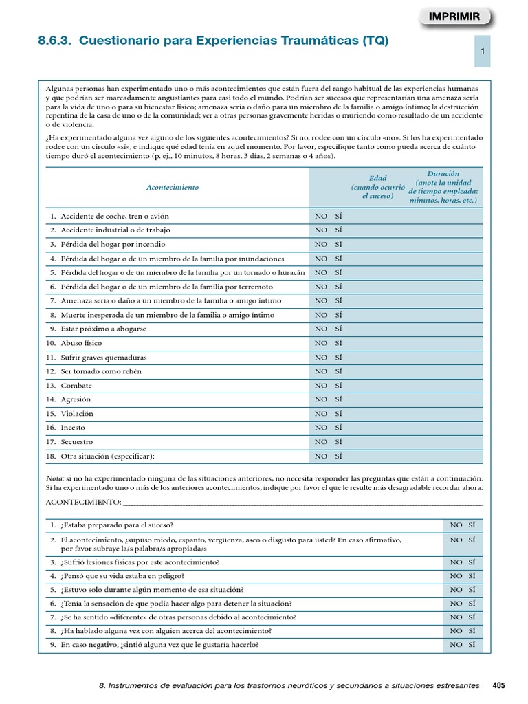 Cuestionario para Experiencias Traumáticas (TQ) PDF Síntoma Enfermedades y trastornos