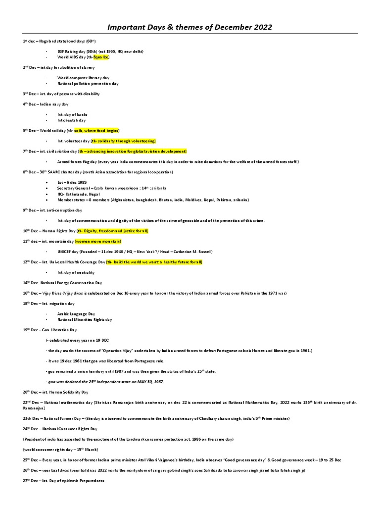 Dec 2022 important days pdf