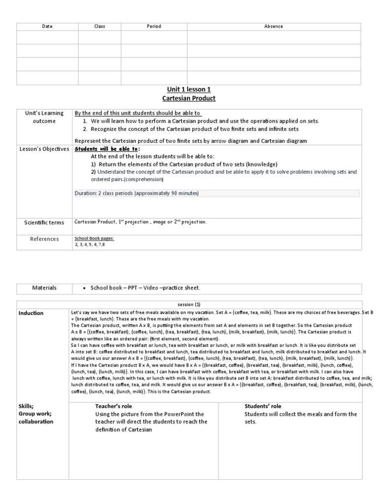 Grade 4 Lesson on Cartesian Product | PDF | Set (Mathematics) | Lunch