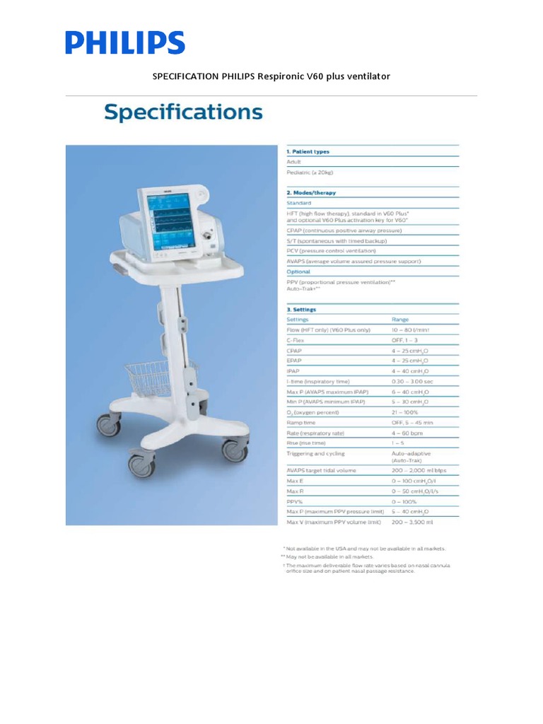 Spesifikasi Philips V60 Plus Ventilator PDF