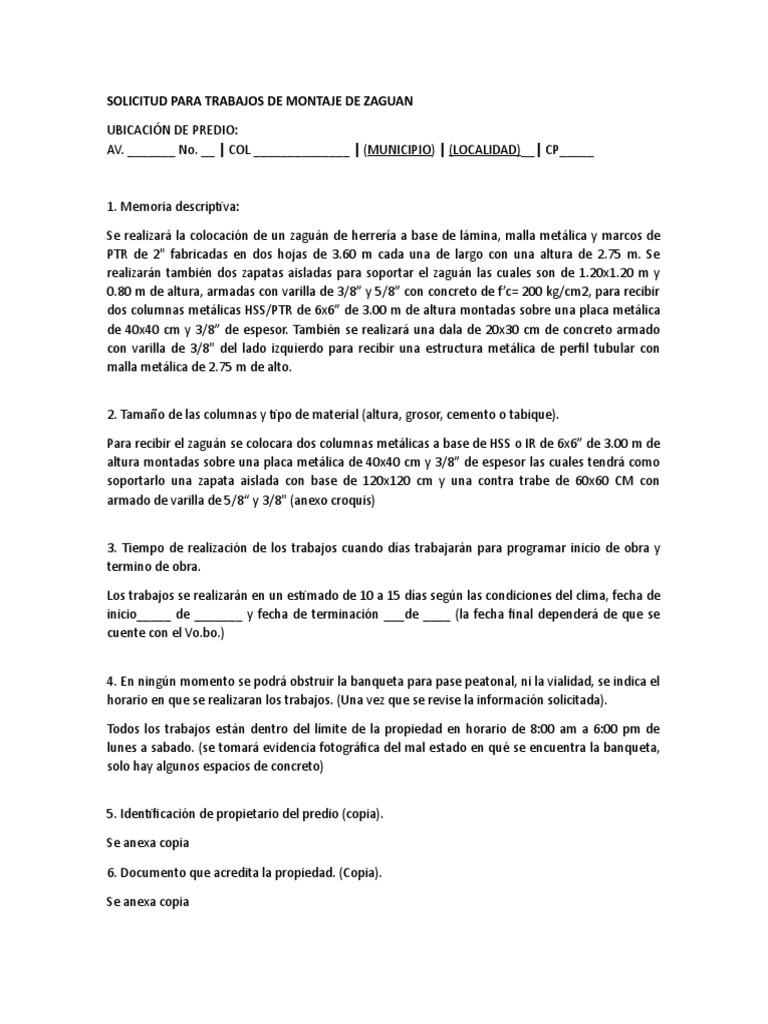Desarrollo Urbano Solicitud Para Trabajos De Montaje De Zaguan PDF