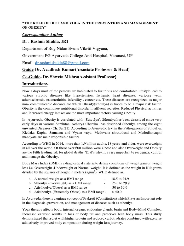 The Role Of Diet And Yoga In The Prevention And Management Of Obesity