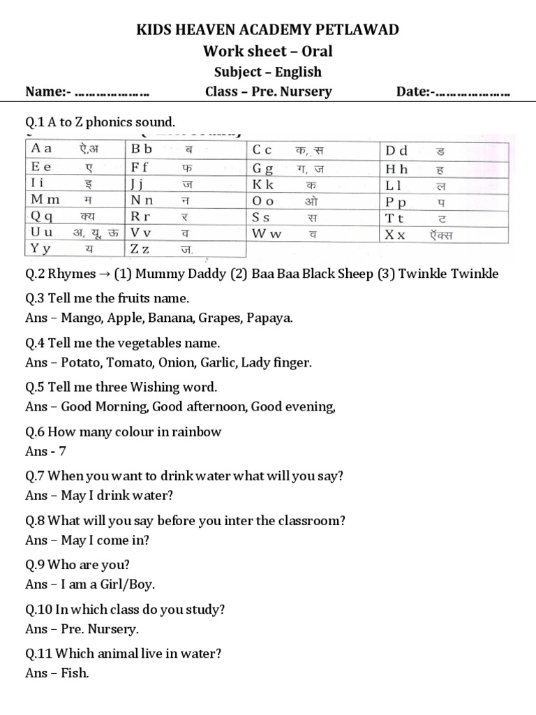 Class Pre. Nursery English Oral Workheet (1) PDF