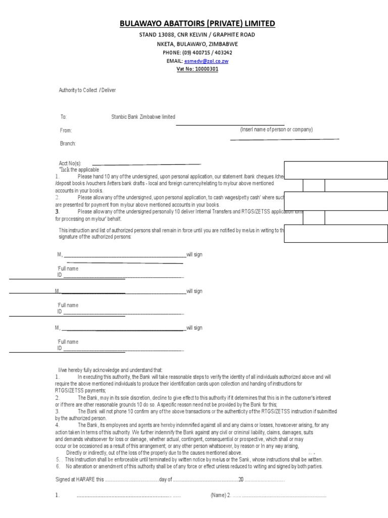 Stanbic Bank Authority to Collect Form | PDF | Cheque | Banks