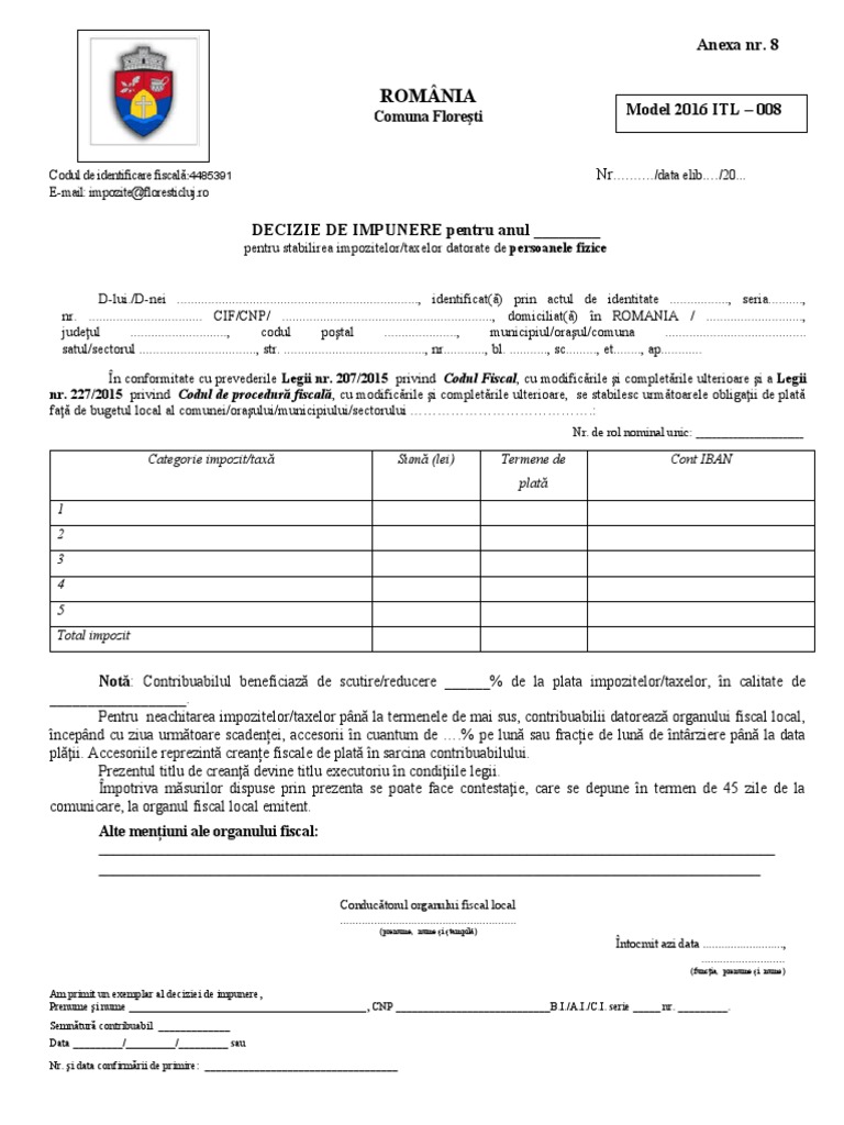 ITL008 Decizie de Impunere Pentru Stabilirea Impozitelor Și Taxelor