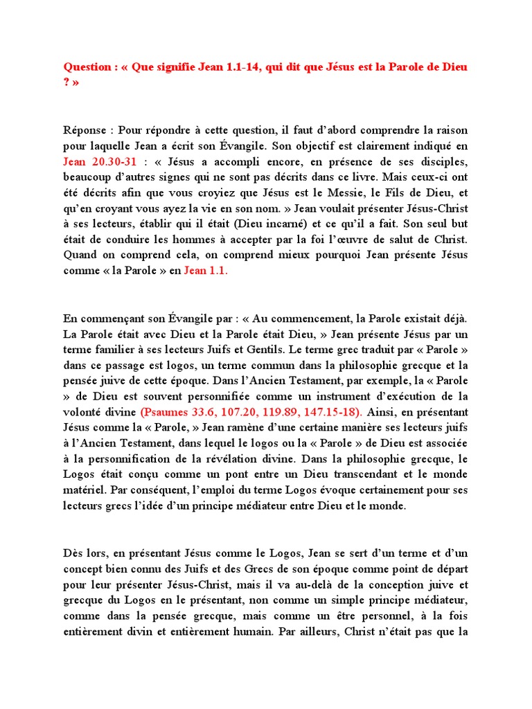 Jésus, la Parole de Dieu selon Jean 1.1-14 | PDF | Jésus | Évangile ...