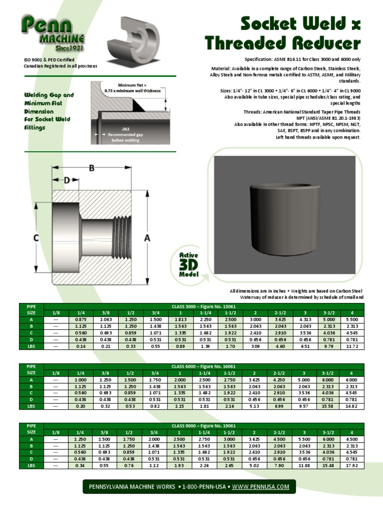 Socket Weld X Threaded Reducer Welding Gap and Minimum Flat Dimension
