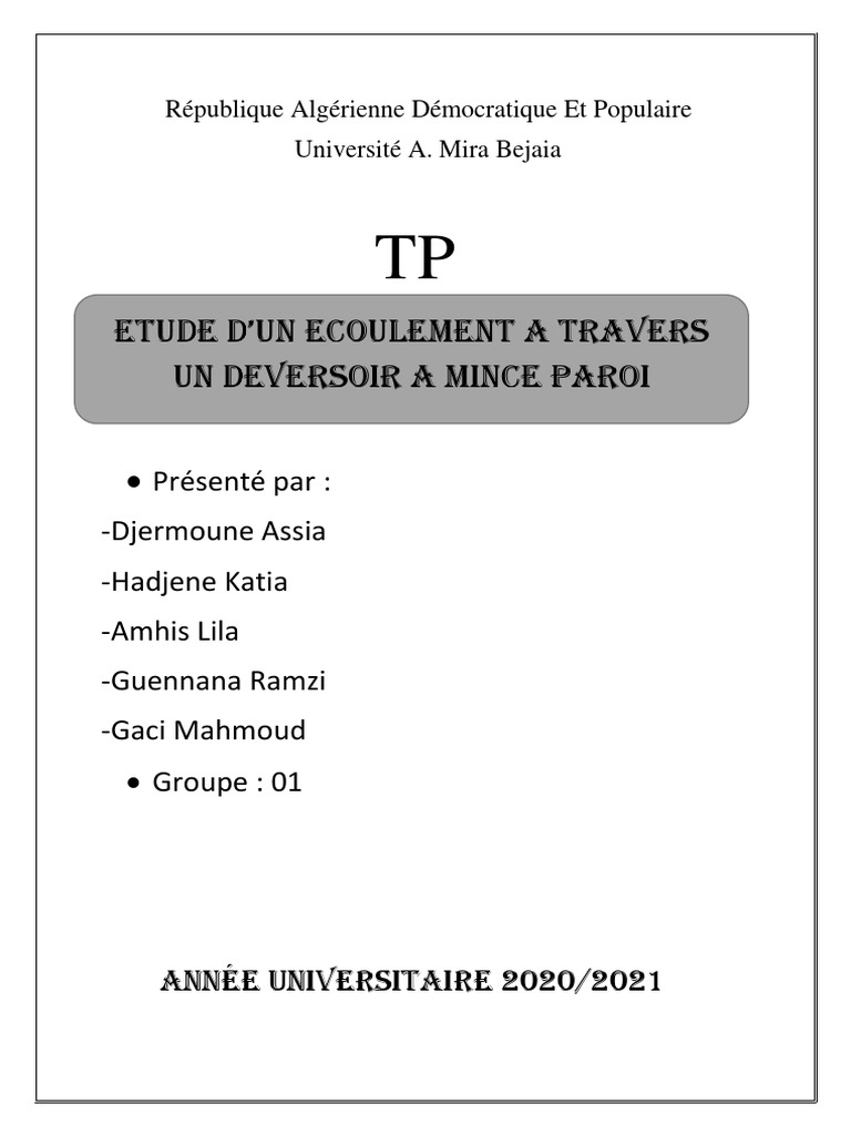 Étude d'un écoulement sur déversoir | PDF | Déversoir | Génie chimique