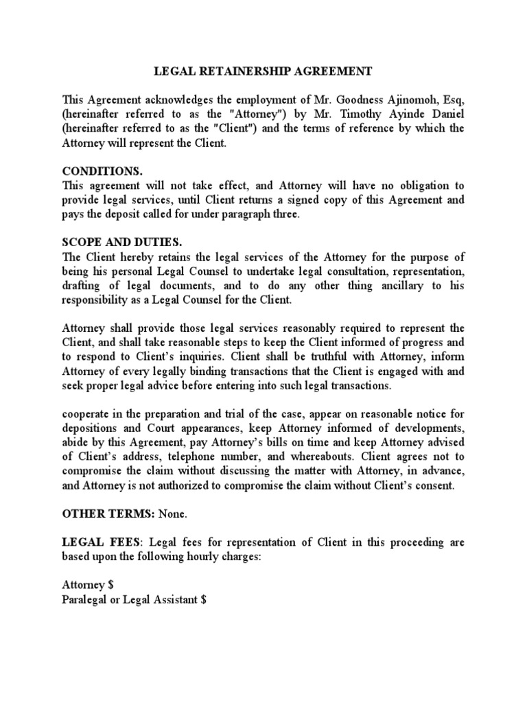 Legal Retainership Agreement PDF Lawyer Attorney #39 s Fee