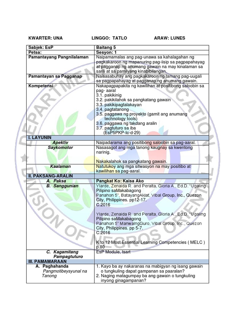 Dlp Esp5 Q1 M3 Sesyon1pdf Pdf