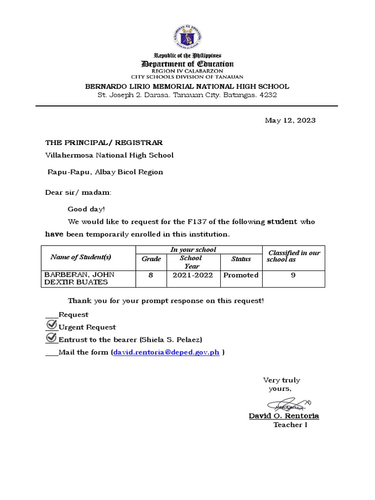 Request Letter For Form 137 BLMCS | PDF
