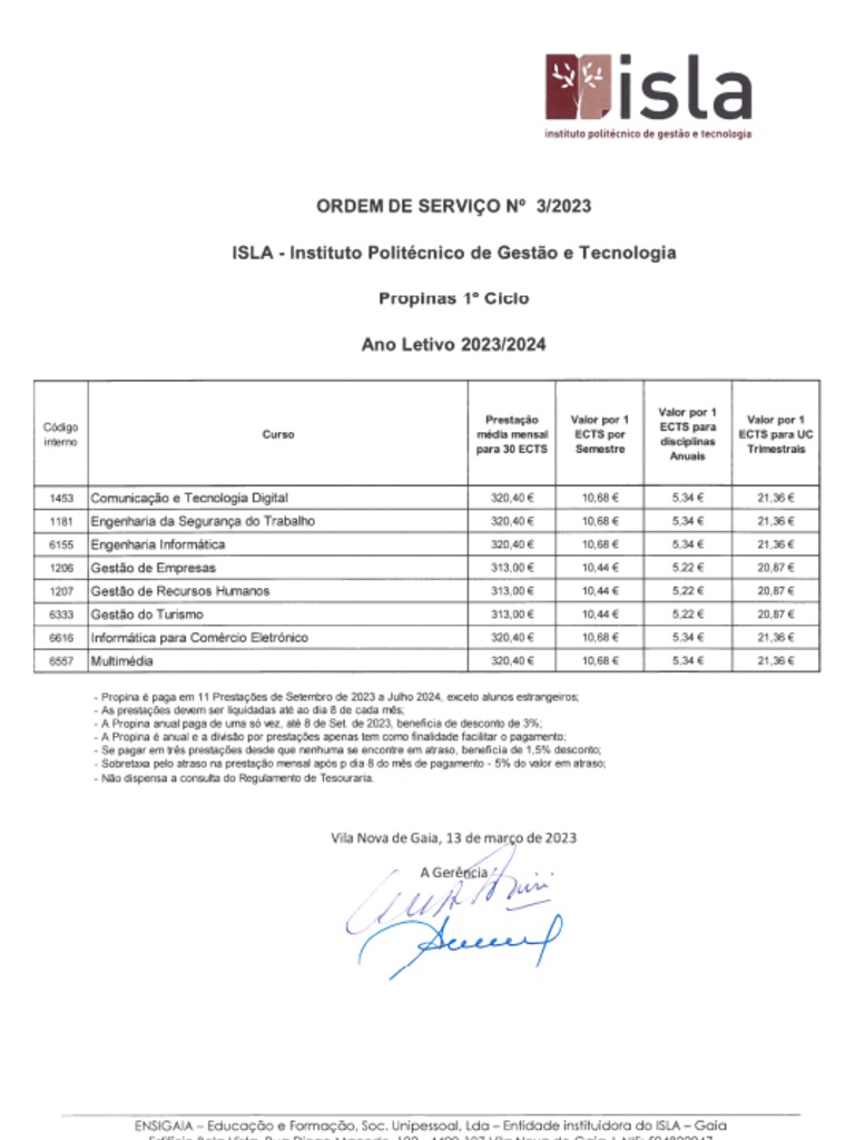OS N 32023 Propinas 1. Ciclo ISLAIPGT Ano Letivo 20232024 PDF