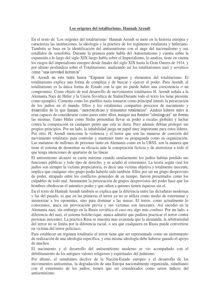 Hannah Arendt Le Origini Del Totalitarismo Riassunto