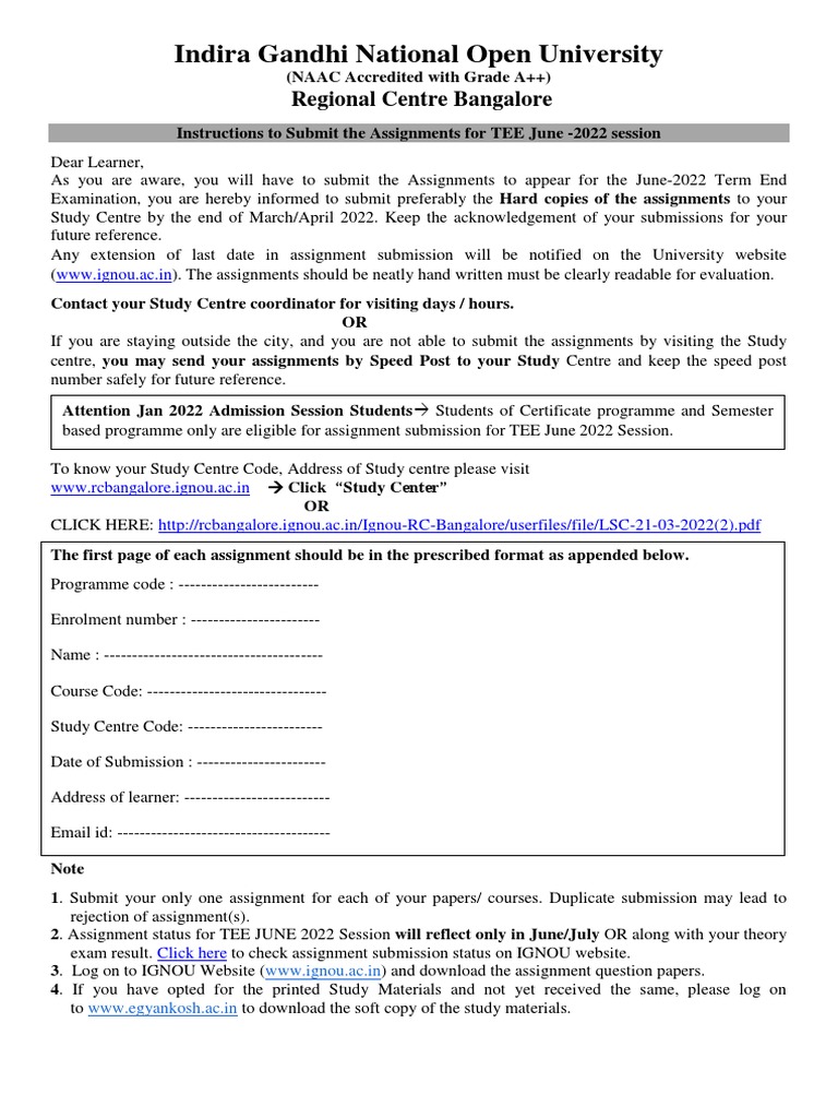 IGNOU Assignment Submission Guidelines | PDF | Career & Growth