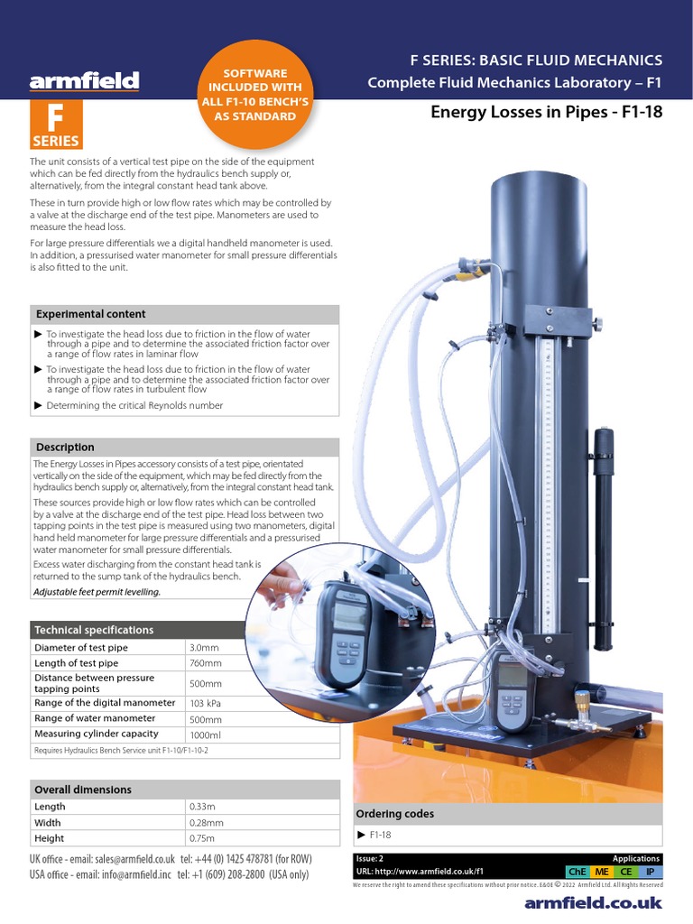 Armfield F1 18 Datasheet v2c Web | PDF | Fluid Dynamics | Flow Measurement