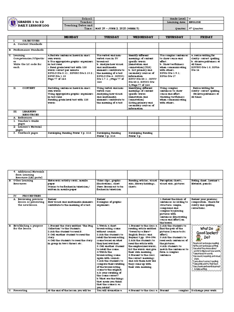 Daily Lesson Log: English Grades 1-12 | PDF | Reading Comprehension ...