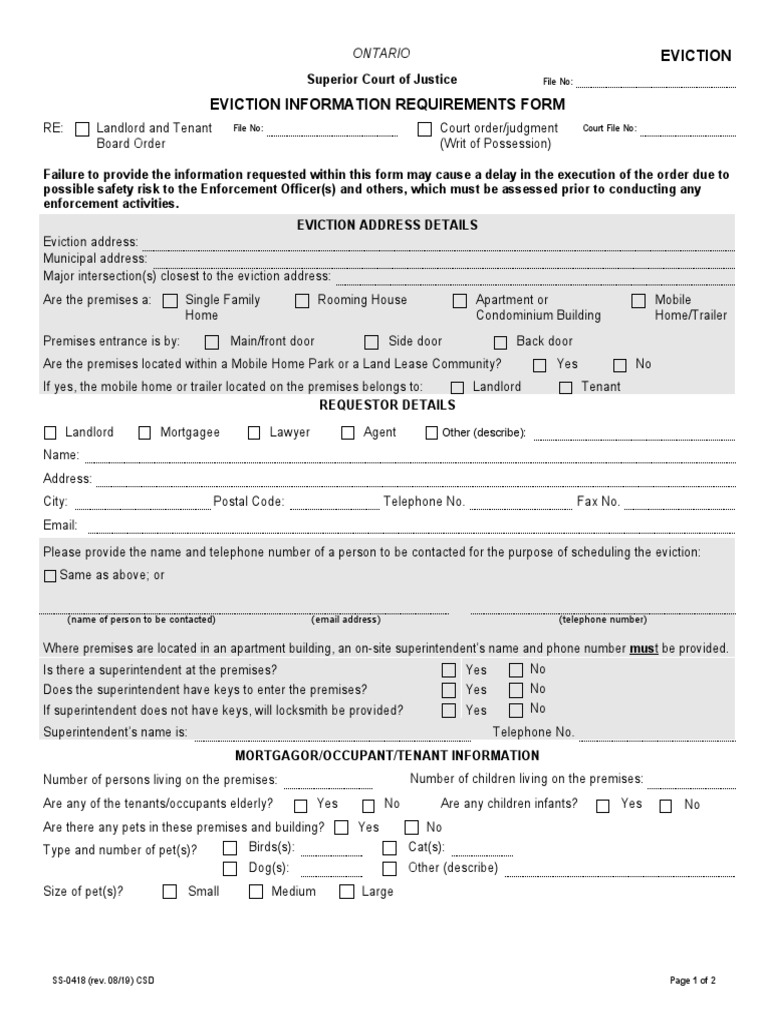 Ontario Eviction Information Requirements Form | PDF | Eviction ...