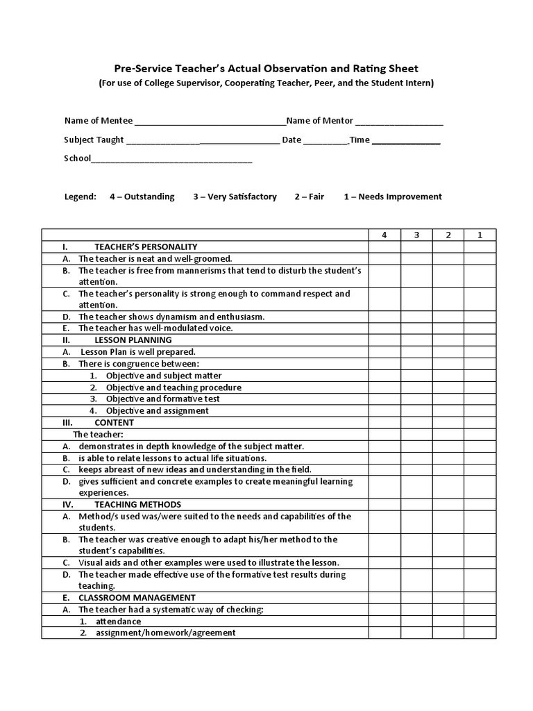 Pre Service Actual Teaching Observation and Rating Sheet | PDF ...