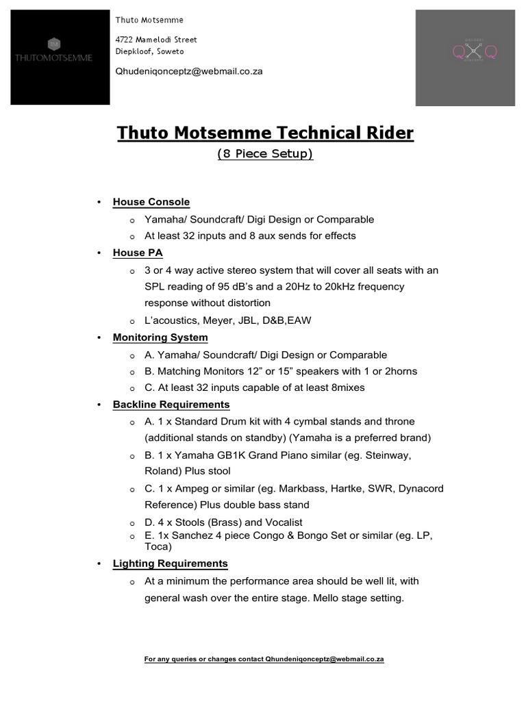 Thuto Motsemme Tech Rider (8 Piece) | PDF | Drum Kit | Sound Recording