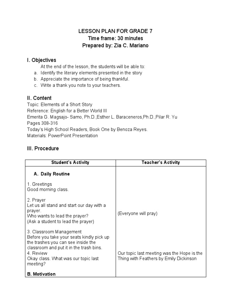 Lesson Plan For Grade 7 1 | PDF | General Fiction