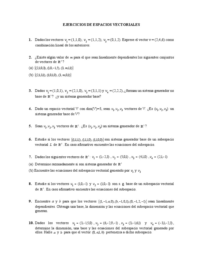 Ejercicios de Espacios Vectoriales | PDF | Espacio vectorial | Vector ...