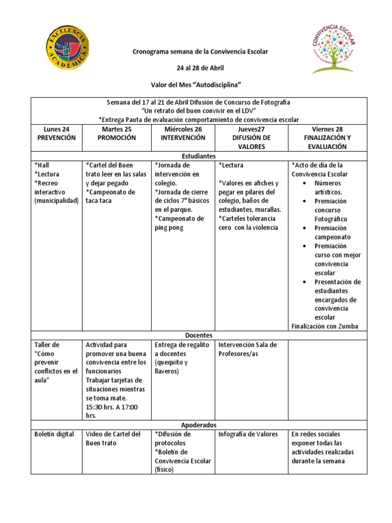 Cronograma Semana de La Convivencia Escolar | PDF