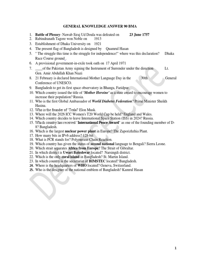 90 BMA General Knowledge Questions | PDF | Bangladesh | Dhaka