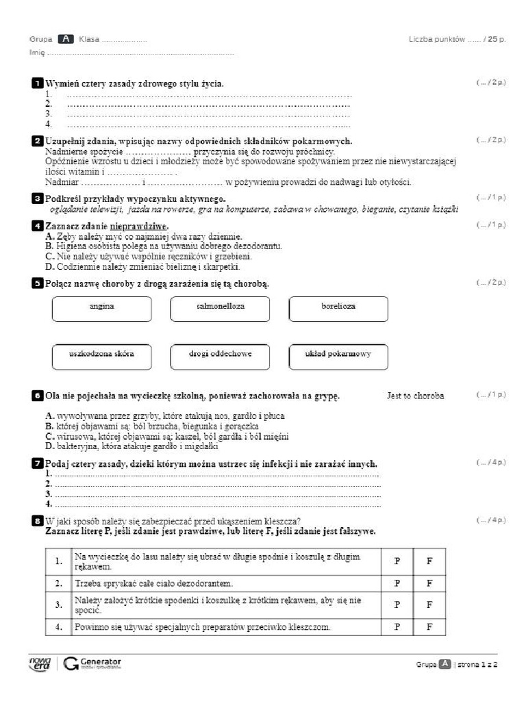 Test Z Przyrody Klasa 4 Dział 7 Przyroda kl.4 Test Dzial 5 Grupa A | PDF
