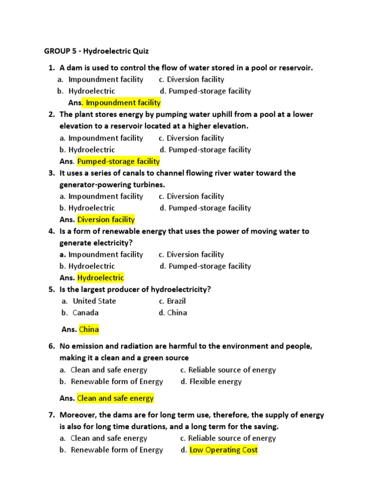 Quiz Hydroelectric PDF Hydroelectricity Reservoir