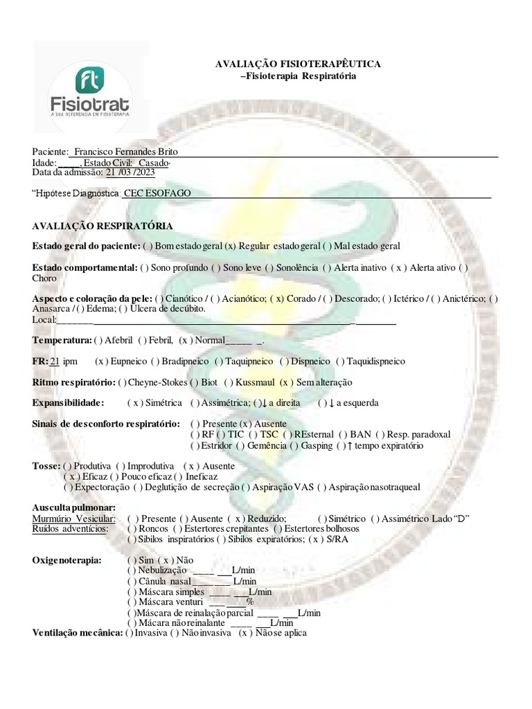 Ficha de avaliação Respiratoria - FICHA DE AVALIAÇÃO RESPIRATÓRIA 1. DADOS  PESSOAIS Nome: - Studocu