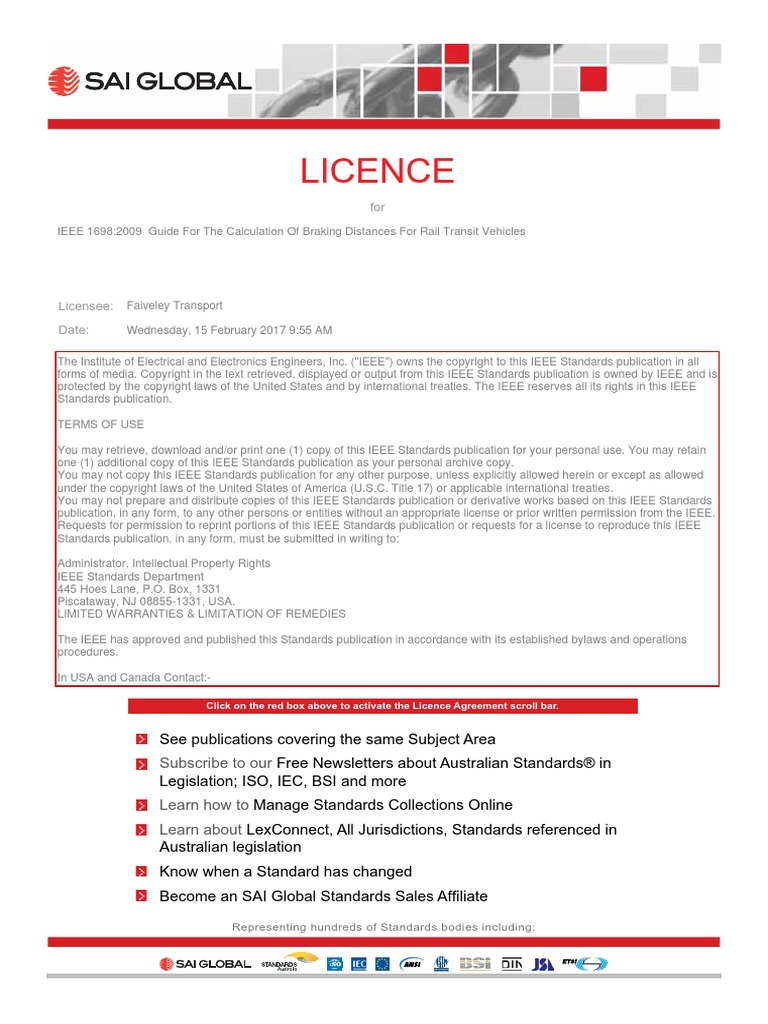 IEEE 1698-2009 Guide For The Calculation of Braking Distances For Rail