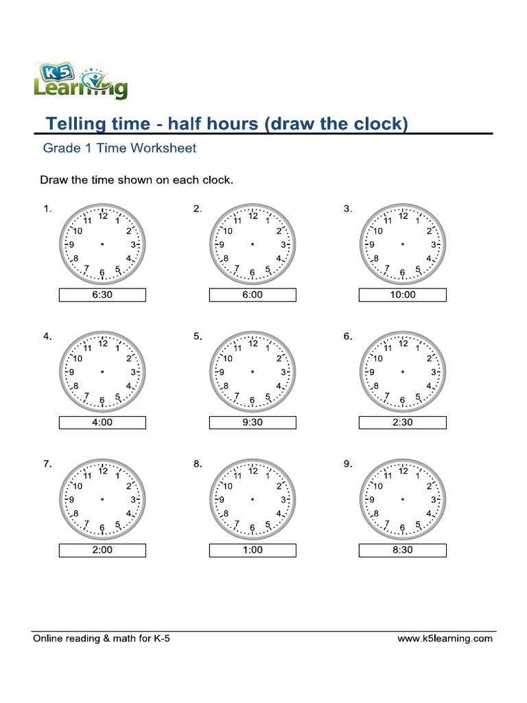 Grade 1 Telling Time Half Hours Draw Clock PDF