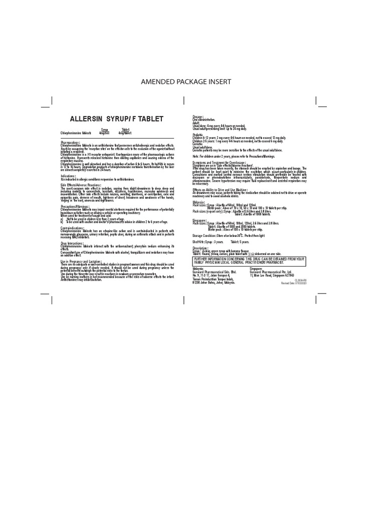 Allersin Syrup and Tablet Dosage Guide | PDF | Pharmaceutical Sciences ...