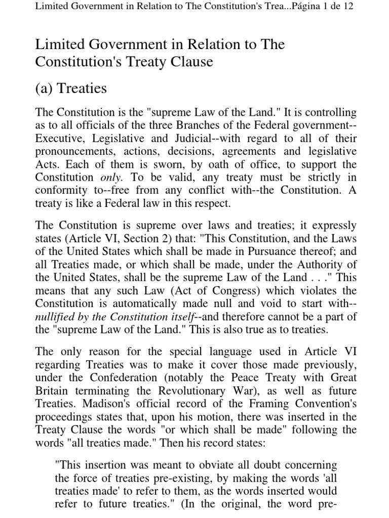 Limited Government in Relation to the Constitution's Treaty Clause United States Constitution