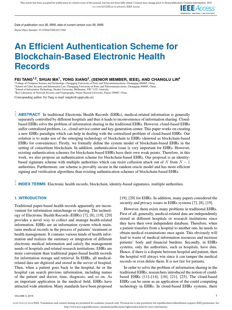 An Ef Cient Authentication Scheme For BlockchainBased Electronic Health Records PDF