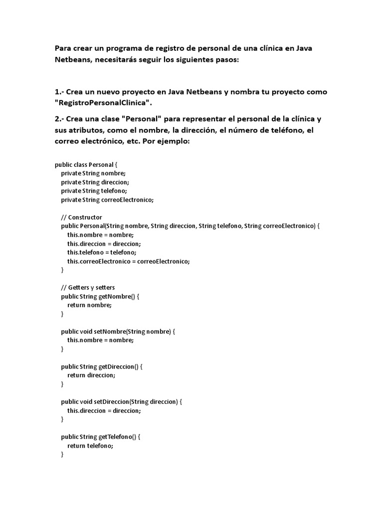 Para crear un programa de registro de personal de una cl nica en java