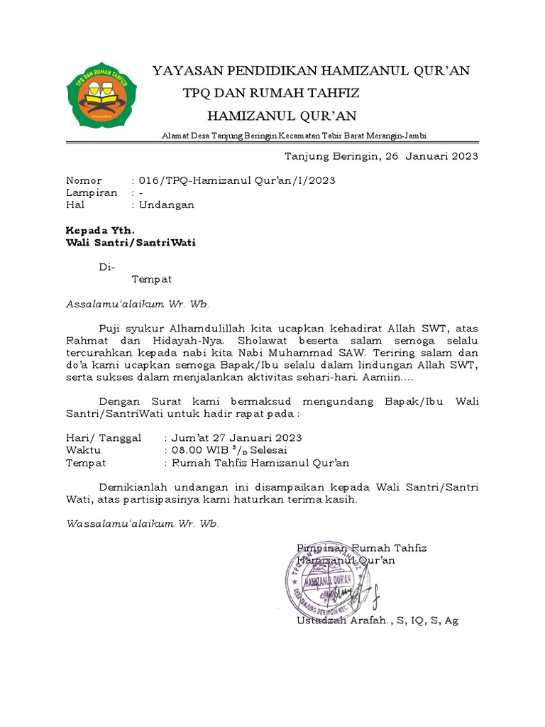 Surat Undangan Wali Santri | PDF