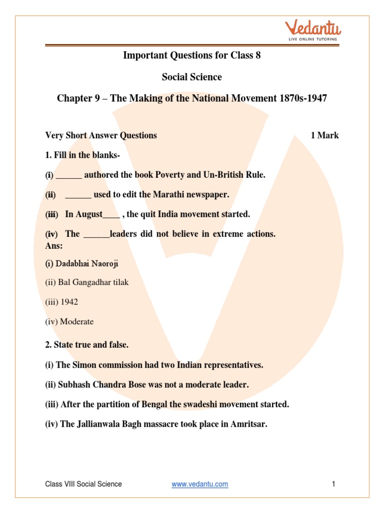 National Movement 1870-1947: Class 8 Guide | PDF | British Raj | Indian ...