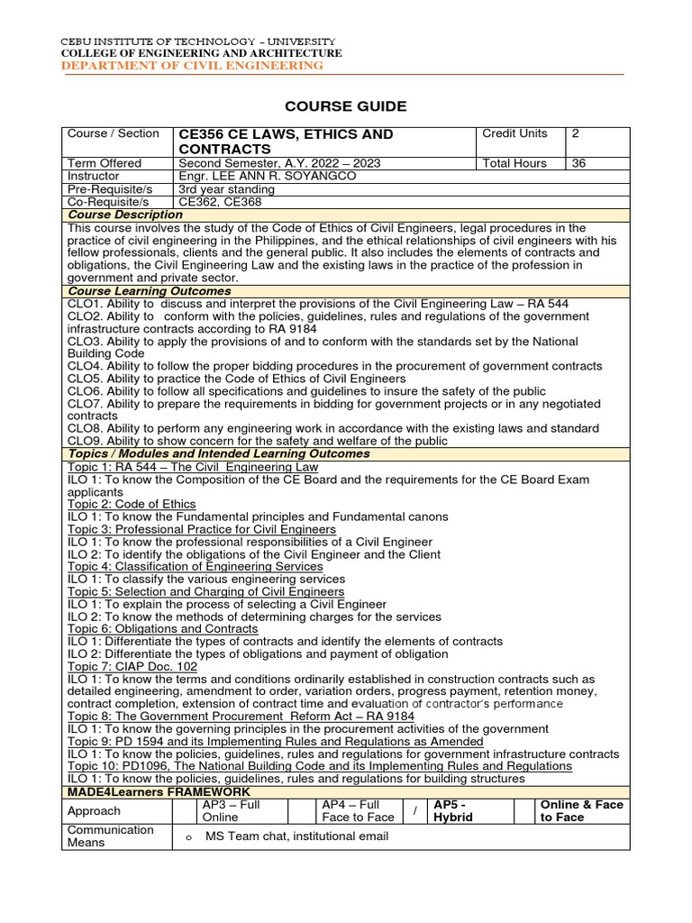 CE356 Civil Engineering Laws & Ethics Guide | PDF | Engineering | Civil ...