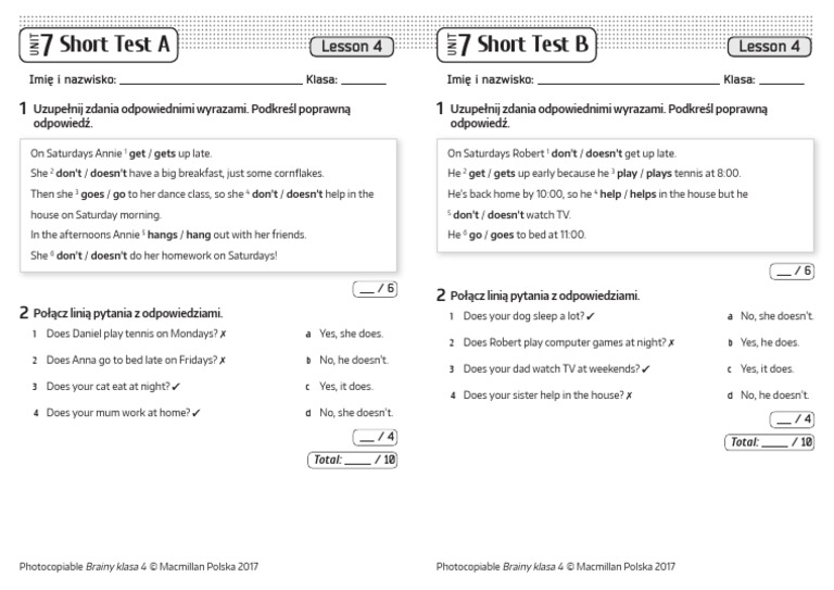Testy Z Angielskiego Klasa 4 Brainy Brainy kl4 Short Tests Unit 7 Lesson 4 | PDF