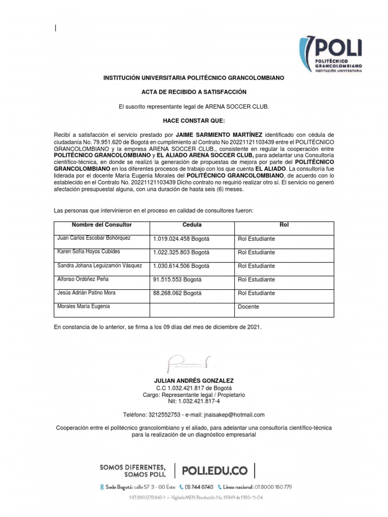 Arena Soccer Club Acta de Satisfaccion PDF